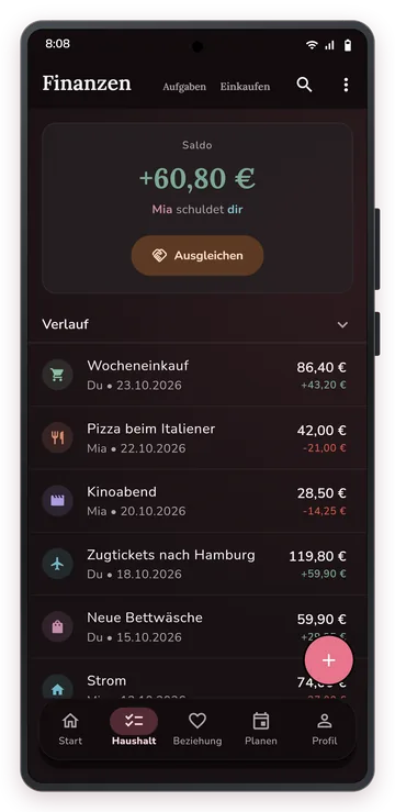 Gemeinsame Finanzen mit Saldo und Ausgabenverlauf