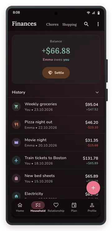 Shared finances with balance and expense history